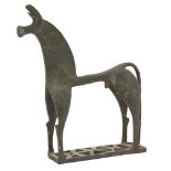 A large decorative bronze geometric Greek style horse, with trumpet-shaped mouth, forward curving