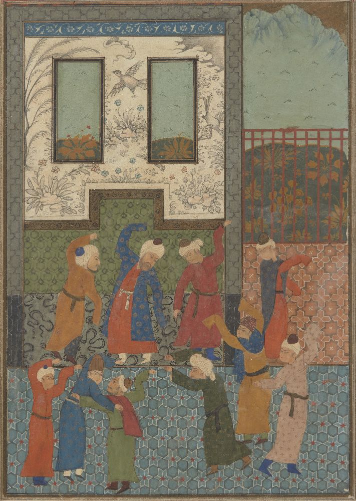 A Turkman-style miniature painting of dervishes in a shrine, Iran, 19th century, gouache on paper