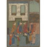 A Turkman-style miniature painting of dervishes in a shrine, Iran, 19th century, gouache on paper