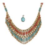 A modern re-strung tiered necklace, composed of a lower tier of Egyptian blue glazed faience