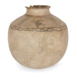 A buff pottery vessel, the sloping shoulders decorated in added umber with four pairs of aquatic