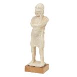 A hollow terracotta standing theatrical figure wearing the mask of a comic actor, resting his face