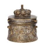 A large silver inlaid brass inkwell with animated inscriptions, 19th century, on a flat base, the