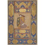 A portrait of a kneeling lady, Safavid Iran, 17th century, gouache on paper, depicted kneeling and