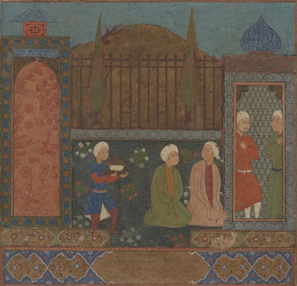 A Turkmen-style painting of visitors at a shrine, Iran, 19th century, gouache on paper heightened