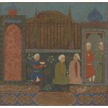 A Turkmen-style painting of visitors at a shrine, Iran, 19th century, gouache on paper heightened