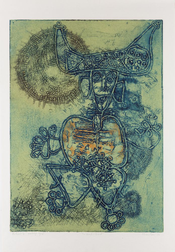 Mumtaz J. A. Khan (Indian, b. 1947), Tribal-God, Intaglio print in colours, Signed, dated, titled - Image 2 of 2