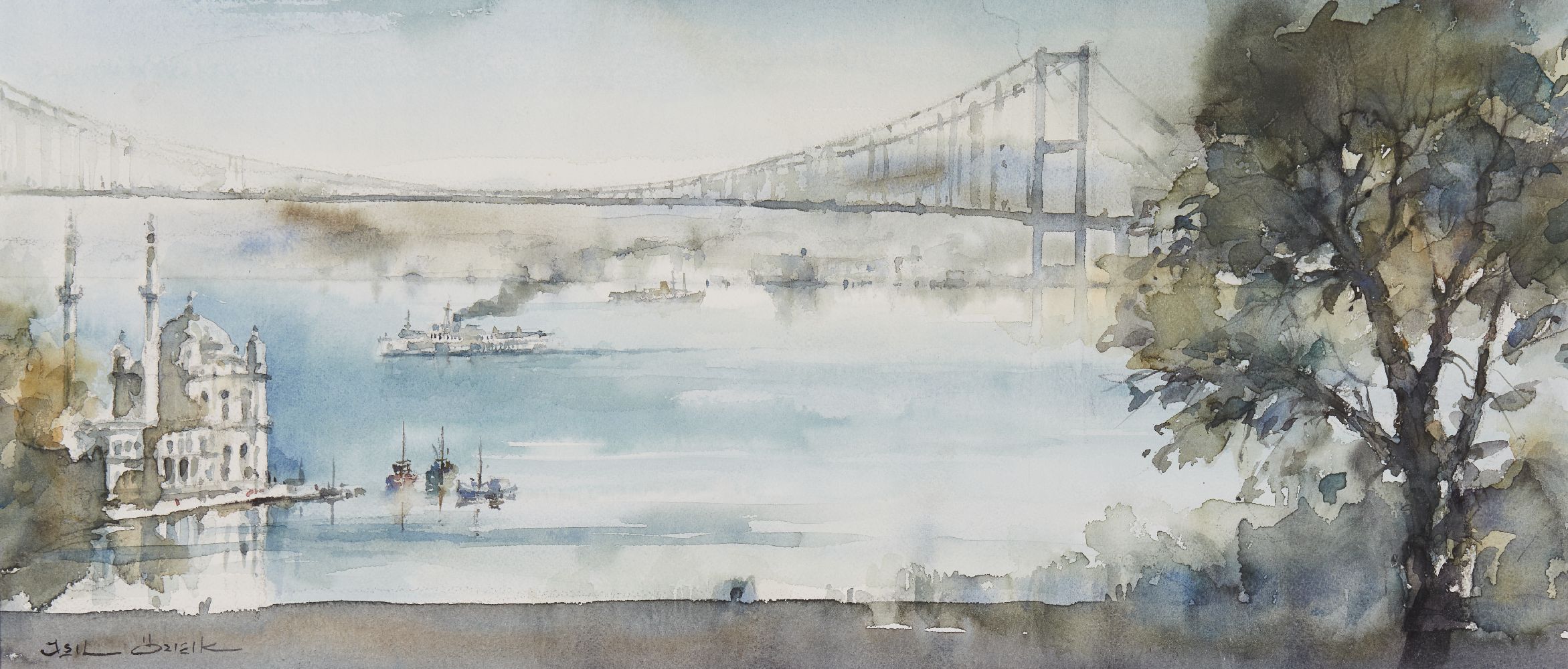Two watercolours of Istanbul 20th century, Untitled, the first with a view through a window