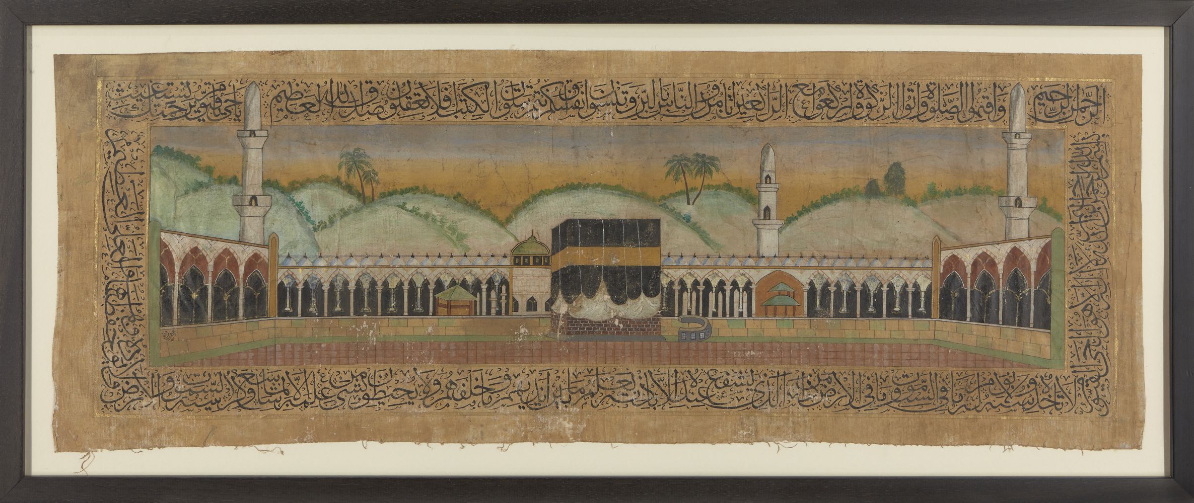A pilgrim painting of Mecca, dated 1351AH/1932AD, gouache and ink on cloth, 81 x 59cm. This painting - Image 2 of 2
