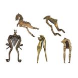 A group of five brass and steel zoomorphic betel nut cutters, India, late 18th-19th century, each in