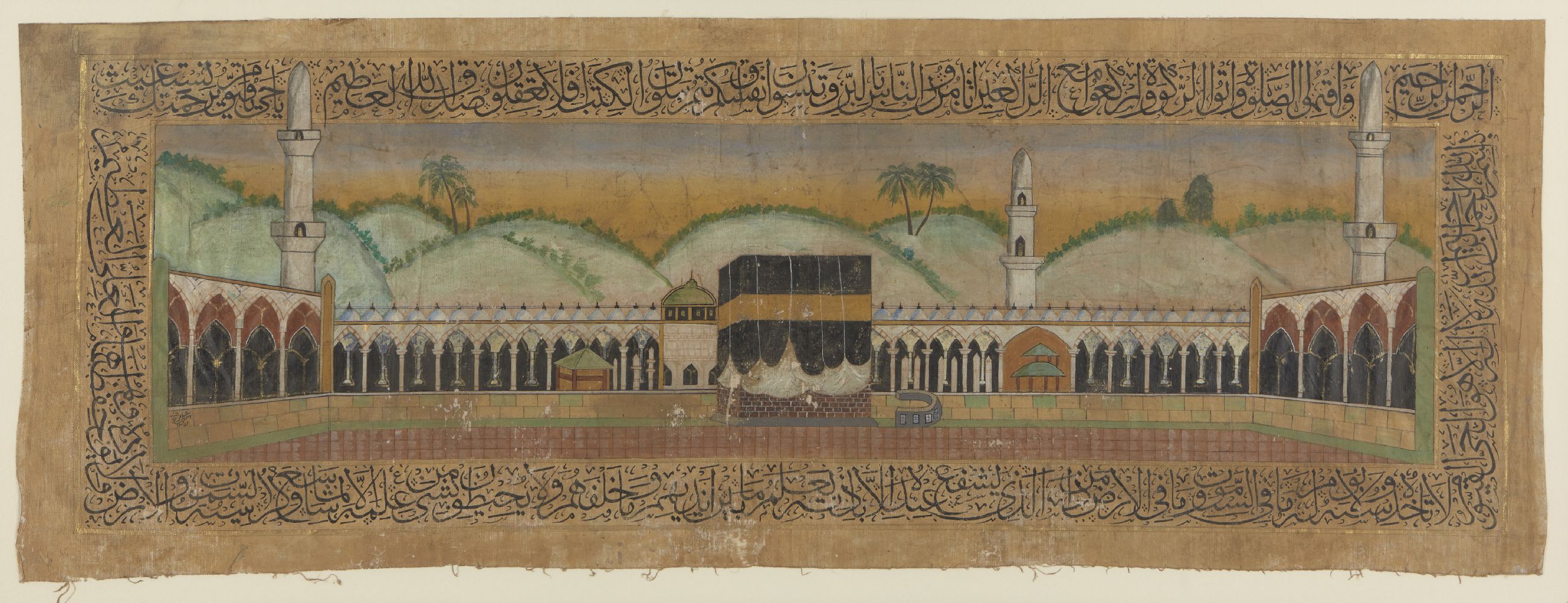 A pilgrim painting of Mecca, dated 1351AH/1932AD, gouache and ink on cloth, 81 x 59cm. This painting