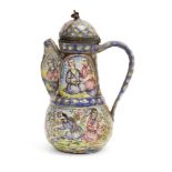 A Qajar enamelled copper lidded ewer with portraits, Iran, 19th century, with curved handle and