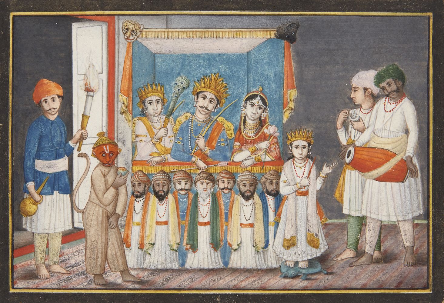 Performers under a canopy, Lucknow School, India inscribed 24 June 1793 to reverse, gouache on paper