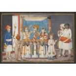 Performers under a canopy, Lucknow School, India inscribed 24 June 1793 to reverse, gouache on paper