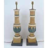 A pair of Continental polychrome decorated wood lamps, late 19th century, converted, each of