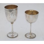 Two silver goblets, one with bright cut engraving, Exeter, 1877, Josiah Williams & Co., 15.6cm high,