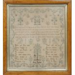 A George III Adam and Eve needlework sampler, worked by Ann Radley, 1800, with three verses,