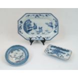 Three European Chinese style blue and white dishes, comprising: a scalloped rim dish with central