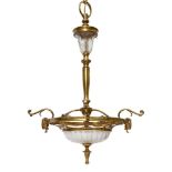 A gilt-brass and glass ceiling light, early 20th century, the circlet with ram head mounts, 78cm