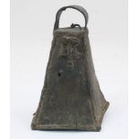 A West African copper alloy bell, possibly Yoruba, of sharply tapering rectangular form with face