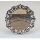 A silver card tray, Birmingham, 1929, William Suckling Ltd, with scalloped, gadrooned and shell