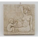 Mike Grevatte, Zimbabwe, b.1943, Mother and child on a beach, marble resin relief plaque, dated