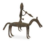 A West African bronze sculpture depicting a hunter on horseback, 20th century, the hunter holding