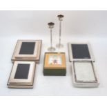A group of five silver plated photo frames, including: two cased Links examples and one Christofle