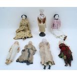 Eight Parian headed shoulder dolls, comprising: seven on cloth bodies and one on a kid leather body,