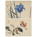 A pair of Japanese ink on silk pictures, 19th century, depicting flowers, each signed and sealed