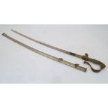 A sword and scabbard, probably a naval officer dress sword, 19th century, with 32 inch gilt etched