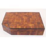 A burr wood and ebony strung checkerboard humidor, 20th century, of rectangular form with singular