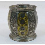 An Indian engraved white metal cigarette holder, 20th century, the lid opening to reveal wooden