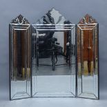 A Venetian style tryptic mirror, with bevelled glass panels, 94cm x 98cm some hinges are