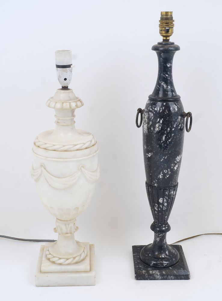 A marble urn shaped lamp base, 19th century, with reeded neck and rope twist to the shoulder, the