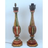 A pair of Spanish colonial polychrome decorated wood lamps, 19th century, each of balustroid form,