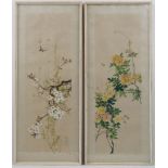 A pair of Chinese paintings on silk, 20th century, depicting blossoming flowers on branches,