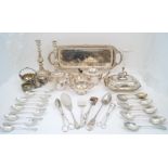 A group of silver plate, to include: a an oblong tray with presentation engraving and floral