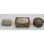 A group of three gilt-metal mounted mother-of-pearl snuff boxes, 19th century, comprising: a