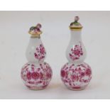 A pair of Meissen miniature double gourd vases and covers, 20th century, with encrusted pink rose