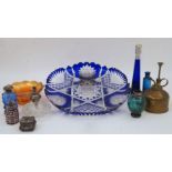 A group of glassware, comprising: a Bohemian cobalt cut glass dish, 29cm diameter; a small