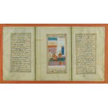 A group of three folios from an Indian manuscript, 19th century, the central page depicting a