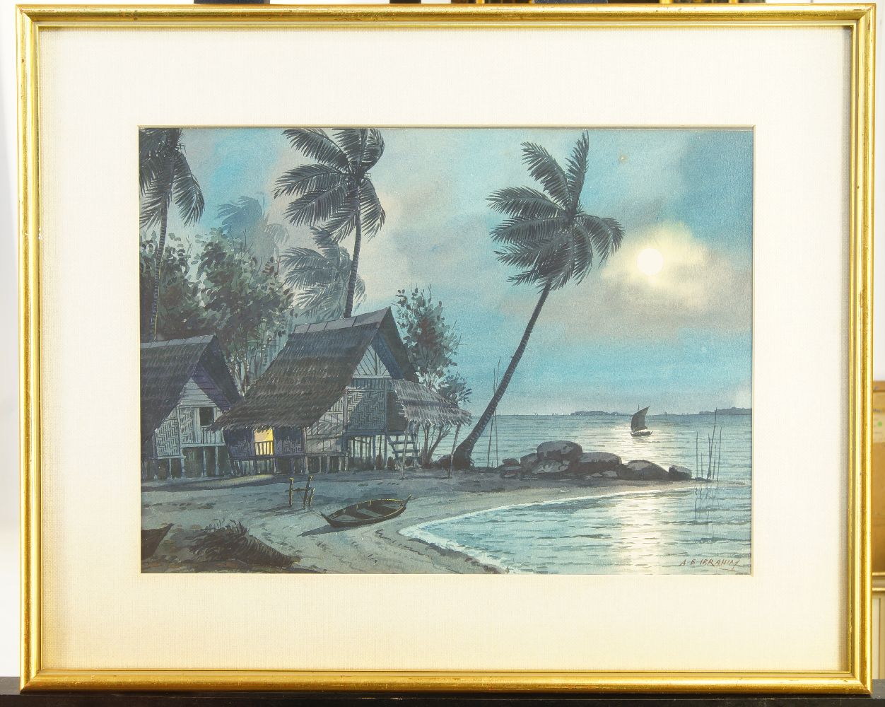 A.B. Ibrahim (Malaysian, 1922-1977), watercolour on paper, Coastal scene at night, signed to lower - Image 2 of 2