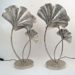 A pair of modern silvered table lamps, after Tomasso Barbi, modelled as Ginkgo leaves, 77cm high