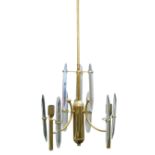 Attributed to Gaetano Sciolari (1927-1994), three light chandelier, circa 1970, brass, glass, 84cm