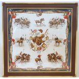 A framed silk Gucci scarf, with a design of polo players, 79 x 79cm Please refer to department for