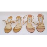 Jimmy Choo: a pair of peach / rose gold satin strappy heels, size '37' with replaced strap and heel,