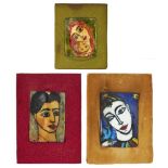 Hedda Carrington, three enamelled portrait plaques, mid 20th century, coloured enamel, copper,