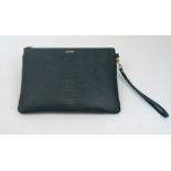 Jaeger Couture: a dark green leather clutch with wrist strap and gilt fittings and zip, green canvas