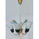 Italian ten light brass chandelier, circa 1950, with five glass shades and five egg shell